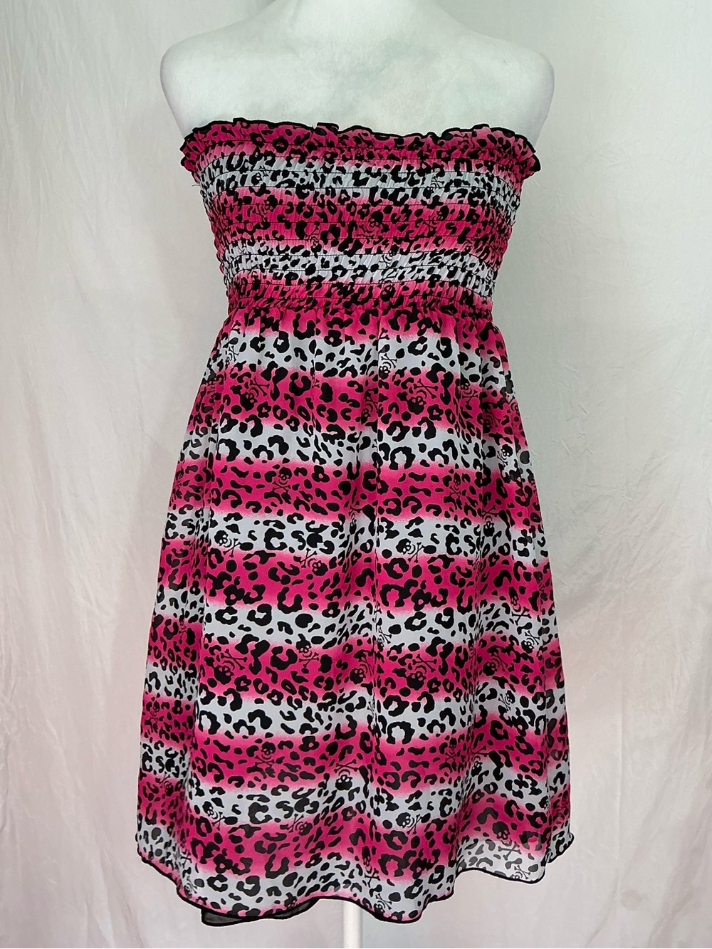 Strapless Hot Pink Leopard Print Sundress with Smocked Bodice